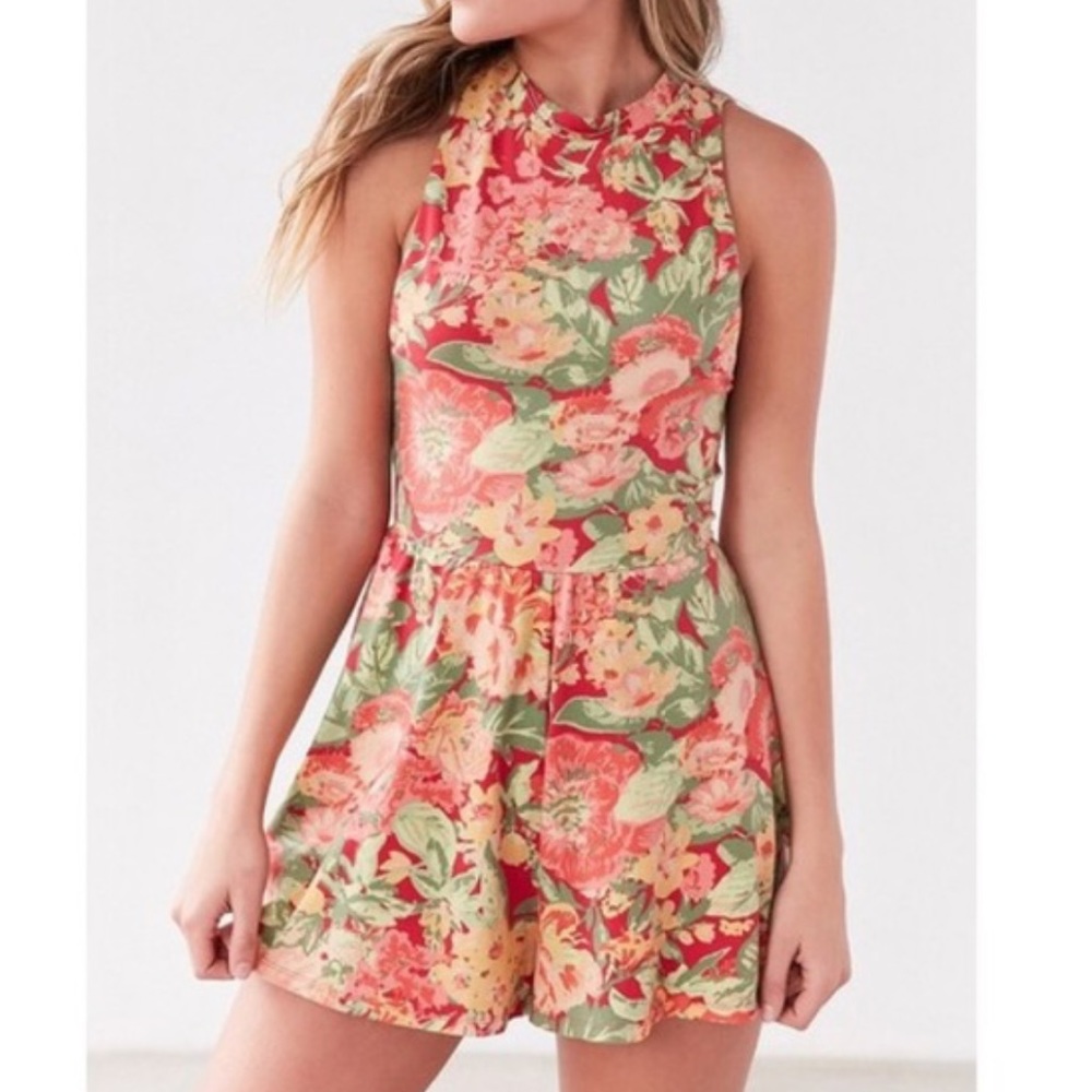 UO Kimchi Blue Rebecca Floral Mock Neck Romper